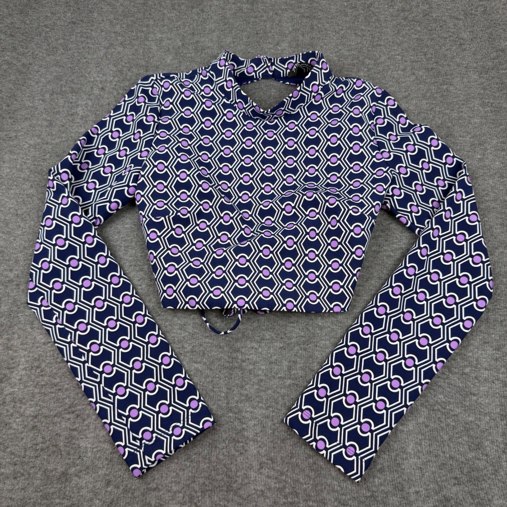 Zara Crop Top Womens Medium Blue Purple Geometric Open Back Long Sleeve Tie Back